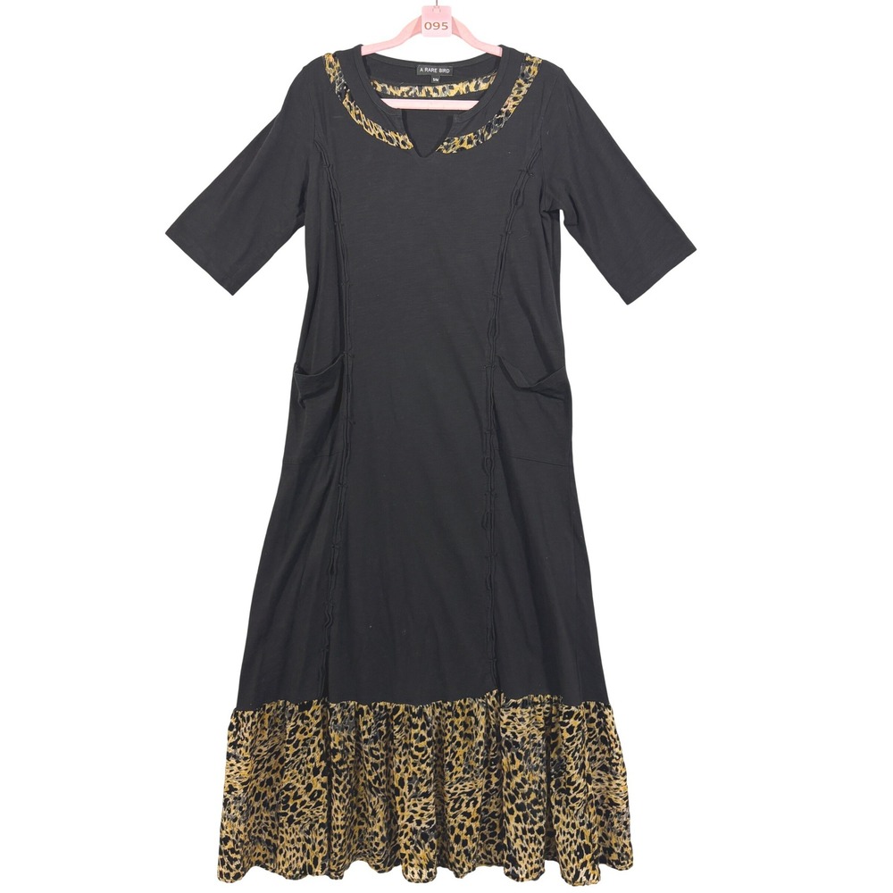 A Rare Bird Black Leopard Print Pocket Midi Dress S/M Elbow Sleeve Jersey Knit